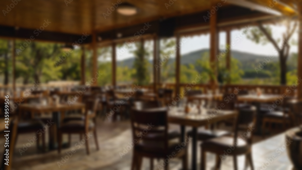 Fototapeta premium blur restaurant interior, restaurant with classic theme, table and chairs made of traditional wood, natural feel, blur cafe background
