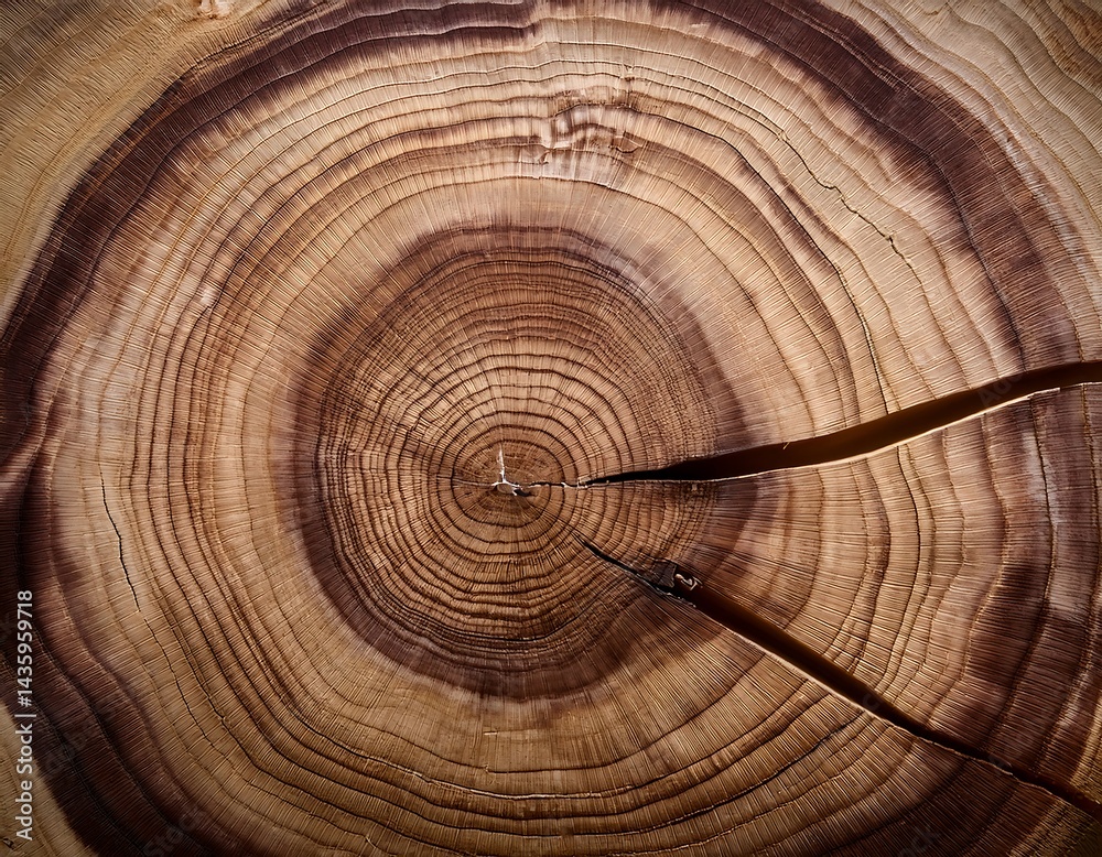 Fototapeta premium Close-up of a tree trunk cross-section showing detailed concentric growth rings and natural cracks radiating from the center, highlighting the texture and age of the wood.