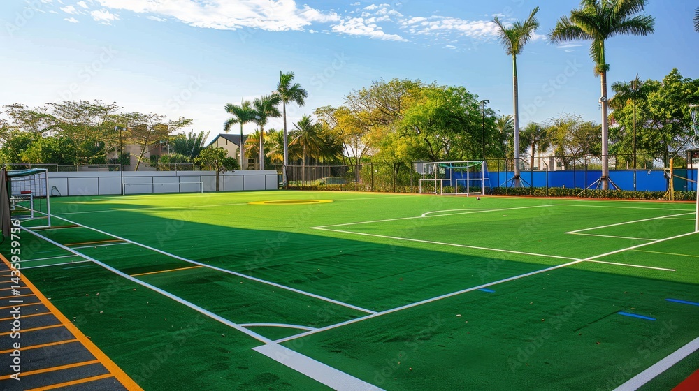 Fototapeta premium Lush green sports field illuminated by bright sunlight featuring clear white boundary lines for play