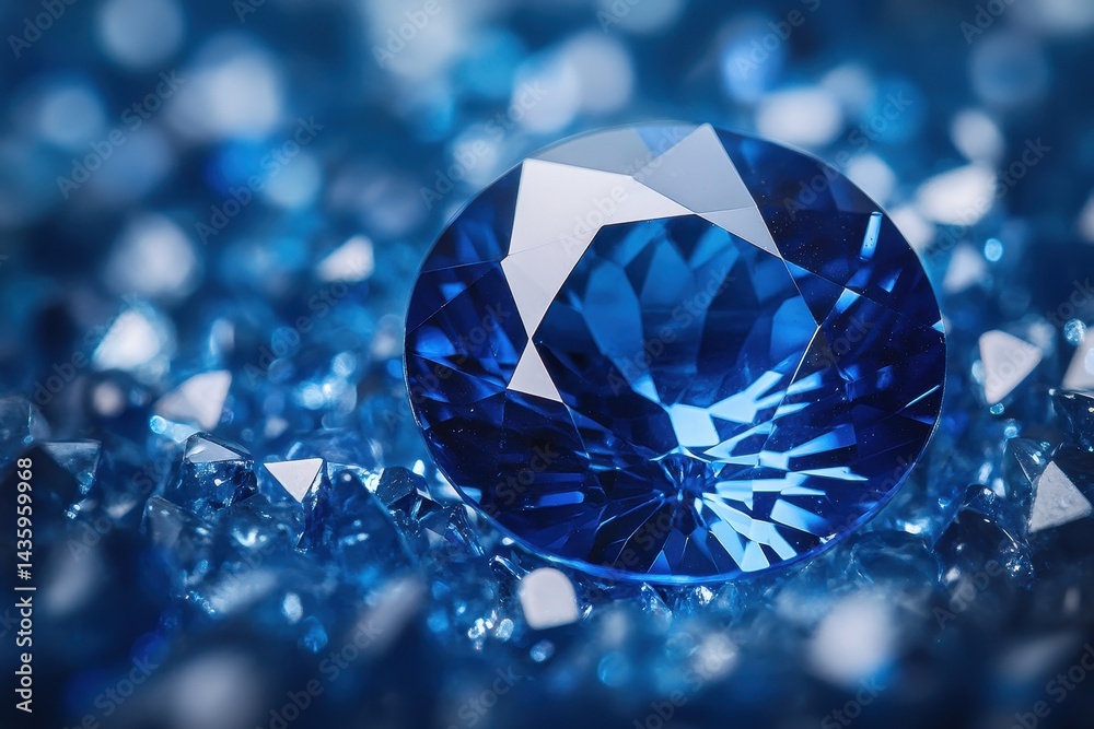 Faceted blue gemstone glistens amongst other sparkling stones. Perfect for luxury, jewelry ads, or financial security visuals.