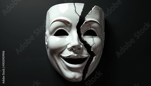 A cracked happy mask symbolizes the hidden pain behind a smile, representing emotional conflict, mental health struggles, and the duality of emotions