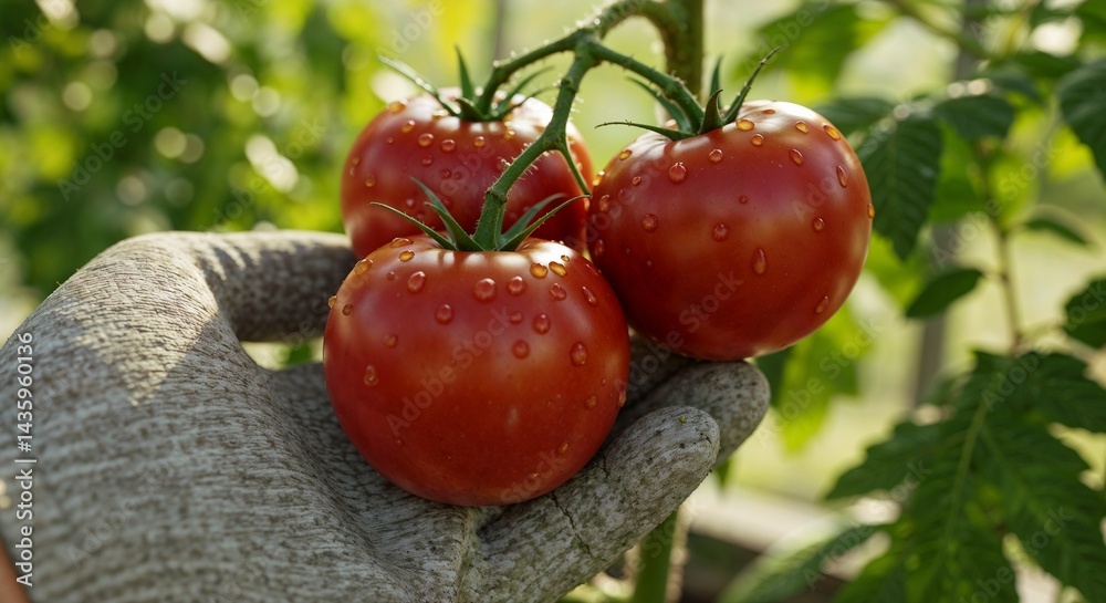 Hand holding ripe tomatoes with water droplets in a lush greenhouse