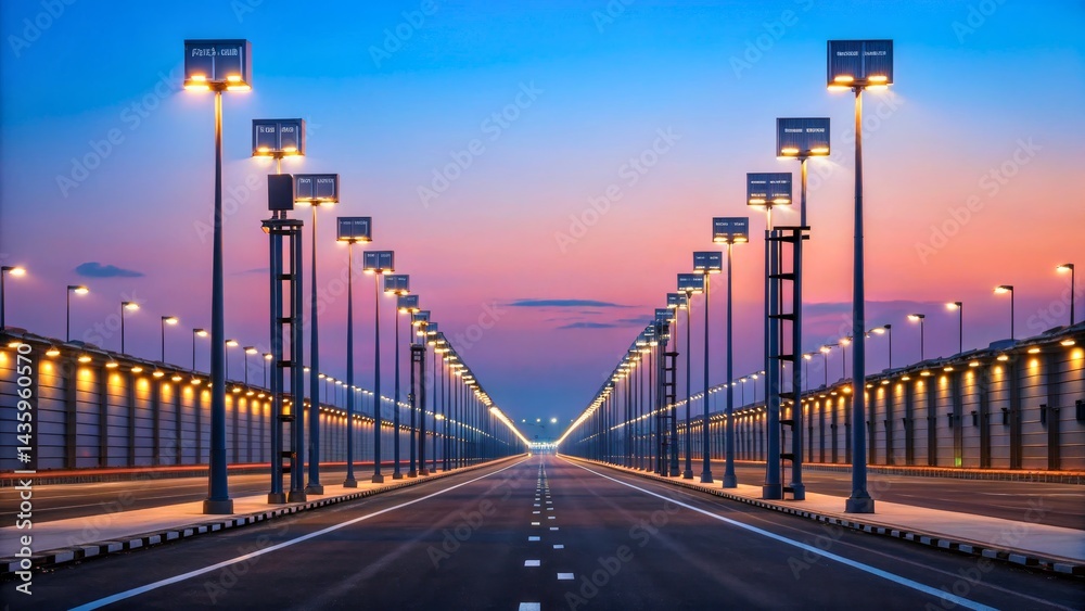 Fototapeta premium Brightly Lit Roadway Under Twilight Sky with Urban Infrastructure and Urban Lighting
