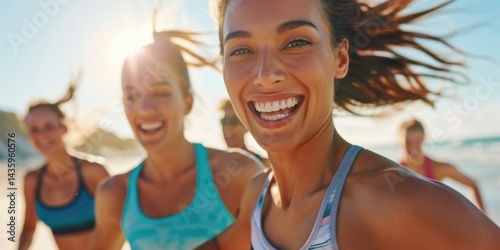 Young women joyfully running on a sunny beach with smiles and carefree energy.
