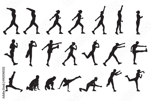 Running Walking Jumping Silhouette Poses | Human Motion Sequence Clipart
