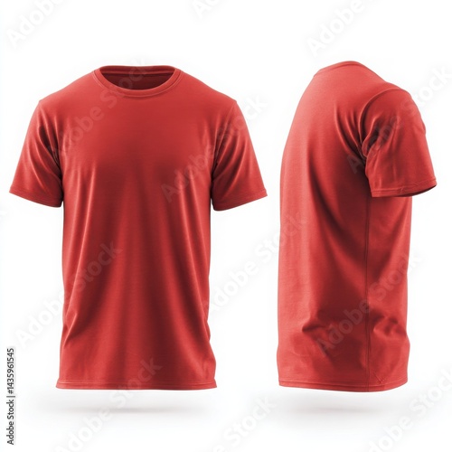 Two red t shirts displayed on a white background one facing forward and one showing the side view of the shirt. red t shirt