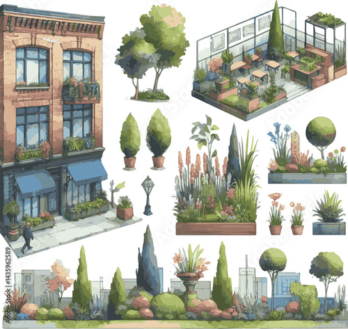 Create a Set of vector illustrations of planting in watercolor style perfect for architectural elevation façade blueprint landscape garden design help you in your work vector art with white background
