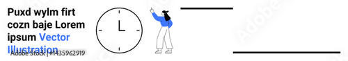 Woman gesturing towards a minimalist clock, highlighting focus on time management and planning. Ideal for time tracking, efficiency, deadlines, project management, task scheduling, productivity tips