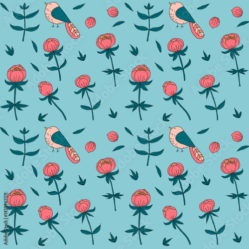 seamless background with peonies and birds