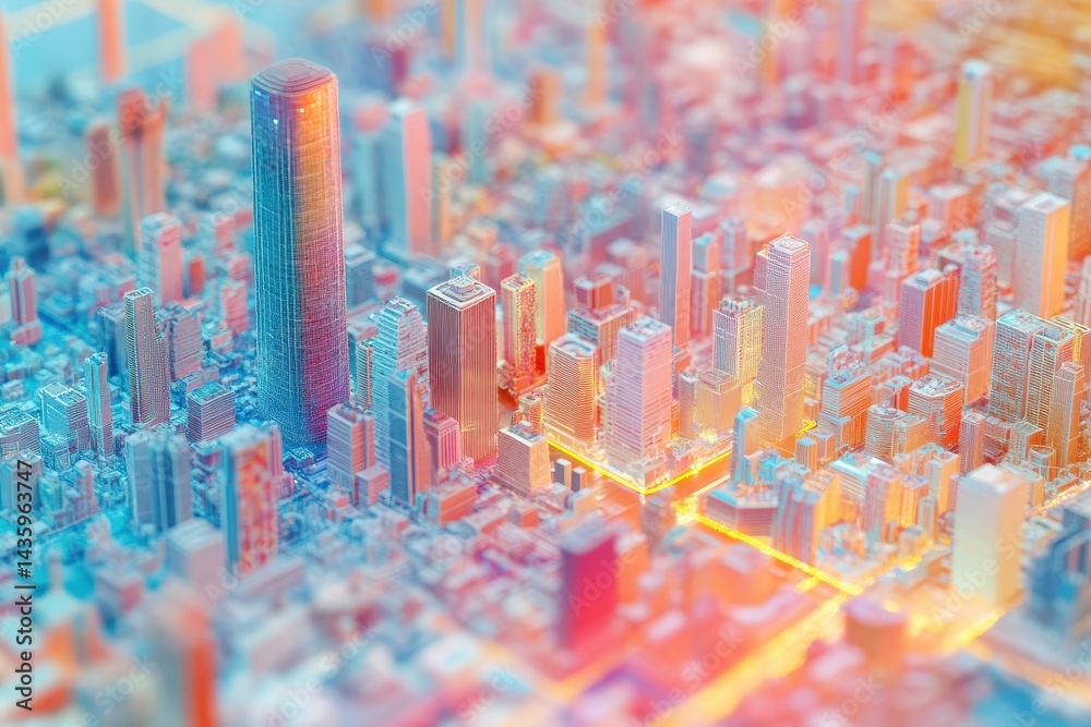 Abstract aerial view of miniature city with skyscrapers and buildings. Ideal for architecture, urban planning, or futuristic technology concepts.