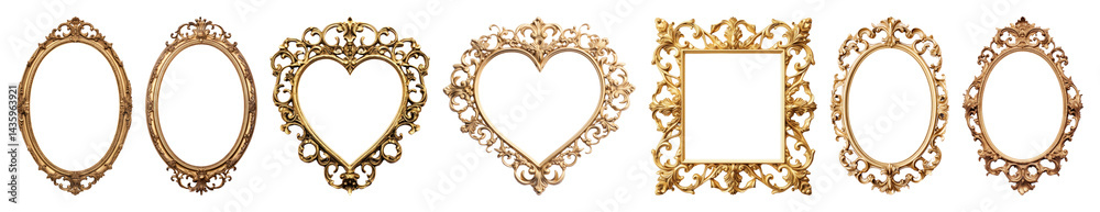 PNG Elegant ornate golden frame collection, element set on transparent background