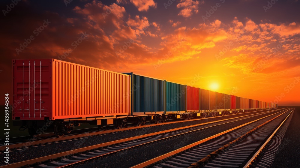A train with cargo containers on the railway at sunset, photographed from ground level. A train with cargo containers on the railway at sunset, photographed from ground level.