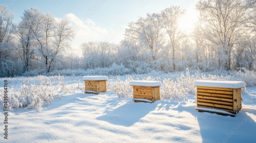 Snow-covered bee hives stand in a field on a bright winter day. Ideal for illustrating beekeeping or winter nature scenes.