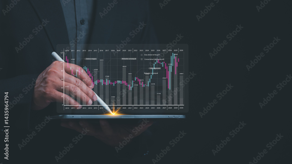 Fototapeta premium Financial Chart Analysis On Tablet Strategic Business Transformation Depicted In Candlestick Graph With Trading Insights, Focused On Cybersecurity Data Strategy 2010-2030 On Screen