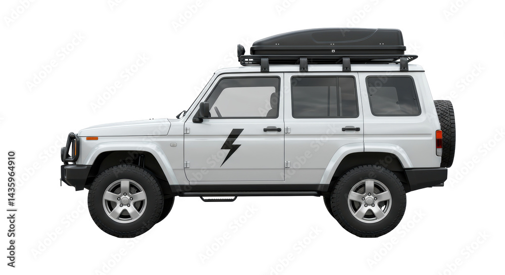 Isolated White SUV with Roof Rack and Lightning Bolt Isolated White SUV with Roof Rack and Lightning Bolt