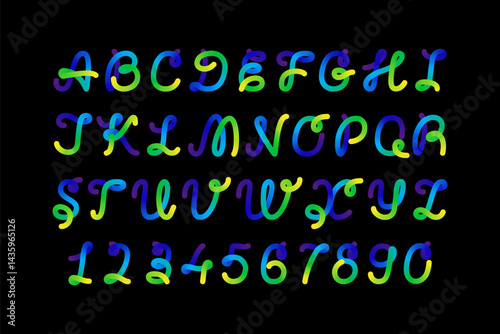 Blue font and numbers letter alphabet. Cursive typography, colored twisted lines. Holographic fold ribbon, vivid logo monogram. Fusion flexible intersections, squiggle spiral loop. Holi path script