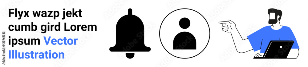Notification bell, user profile icon, and man in blue shirt gesturing while holding a laptop. Ideal for communication, user interface, digital notifications, online accounts, social interactions Notification bell, user profile icon, and man in blue shirt gesturing while holding a laptop. Ideal for communication, user interface, digital notifications, online accounts, social interactions