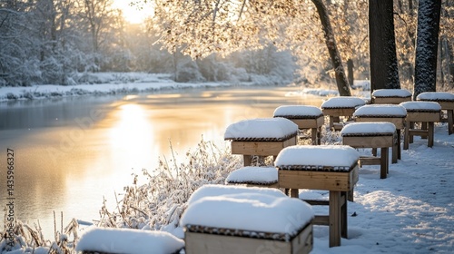 Obraz na płótnie Snow covered bee hives sit near a waterway during a winter morning. Showcases nature's resilience and highlights winter beekeeping practices. w salonie