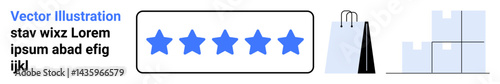 Five blue stars within a rating bar, a shopping bag, and stacked boxes. Ideal for e-commerce, customer satisfaction, reviews, quality assurance, online shopping, delivery services simple landing