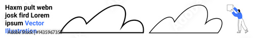 Two simple cloud shapes alongside a figure holding a banner. Ideal for tech, messaging, communication, promotion, weather, minimalistic design, simple landing page