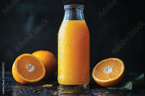 Fresh Orange Juice Bottle with Condensation and Sliced Oranges on a Dark Background