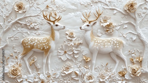 Ornate floral wall mural with deer; decorative; background use photo