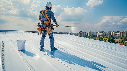 Exterior building roof maintenance by a professional worker.
