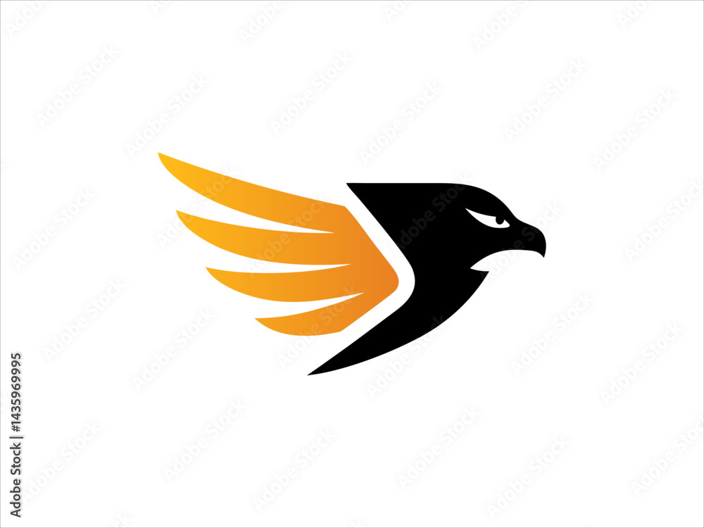 Fototapeta premium A bold, stylized logo featuring an eagle's head and wings, with red wings symbolizing strength and freedom.