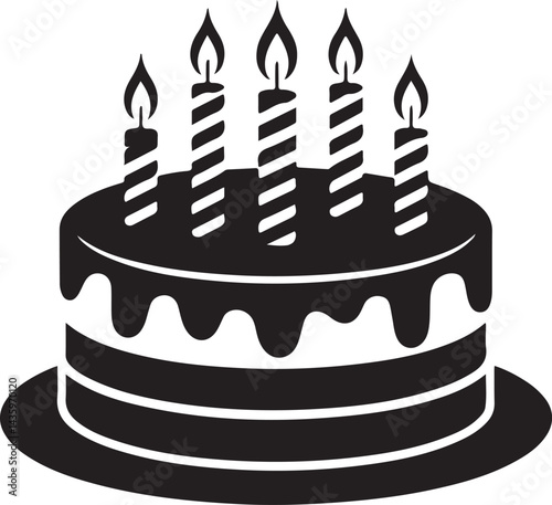 Black and White Birthday Cake Icon with Five Candles