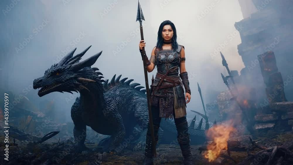 Wide shot fierce warrior woman in reinforced leather plate armor, spear upright, huge black dragon with battle scarred scales, swirling battlefield fog, medieval siege remnants, epic, slow dolly out