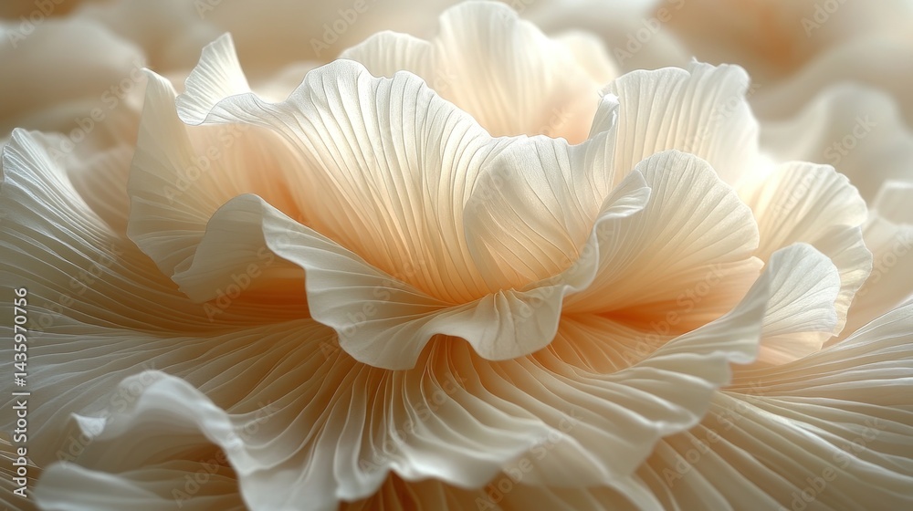 Close-up of delicate, peach-colored, ruffled fabric flower.