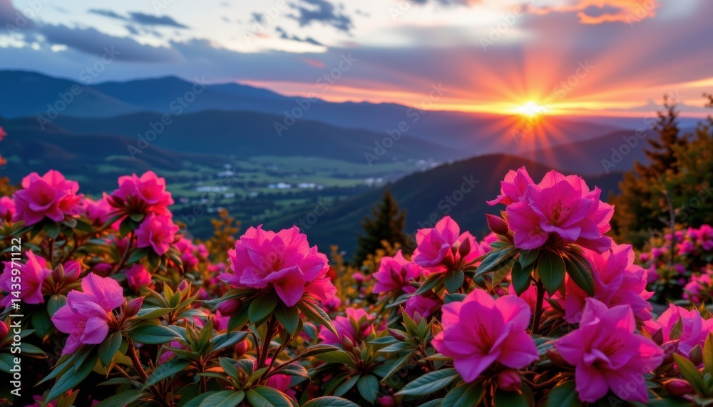 Fototapeta premium Sunset blossom photography in mountain landscape nature environment vibrant flowers scenic view