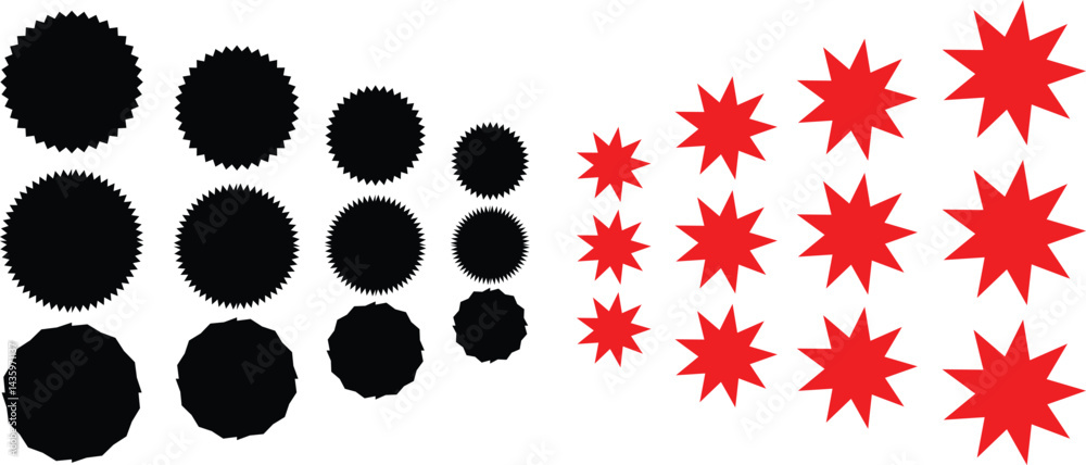 Set of red price sticker, sale or discount sticker, sunburst badges icon. Stars shape with different number of rays. Special offer price tag. Red starburst promotional badge set, vector illustration 