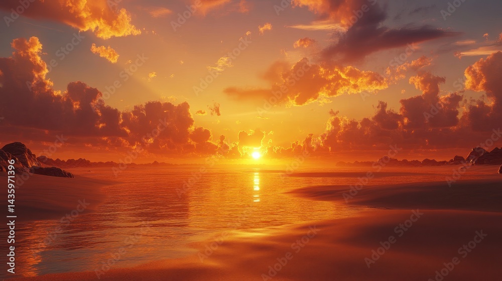 Ocean sunset glows orange with clouds and a reflective sea. Use this for travel, relaxing, or for a spiritual inspiration.