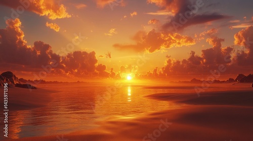 Obraz na płótnie Ocean sunset glows orange with clouds and a reflective sea. Use this for travel, relaxing, or for a spiritual inspiration. w salonie