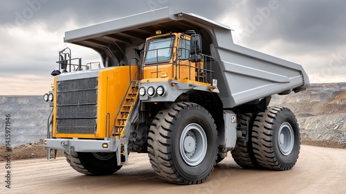 A massive mining truck driving along a dusty haul road at sunrise with mountains of ore in the background capturing heavy machinery scale and rugged terrain
