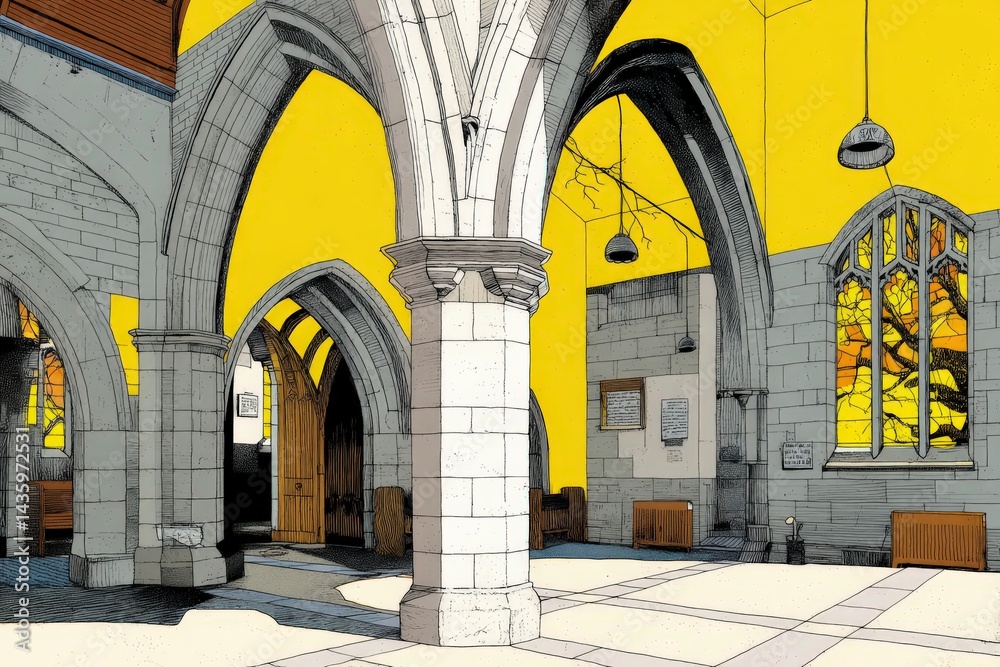 Vibrant Interior of a Gothic Church with Yellow Background