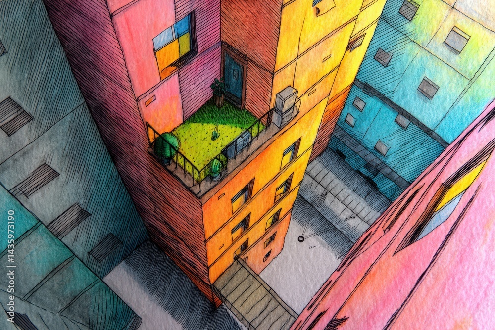Vibrant Urban Scene with Colorful Buildings and Green Terrace Oasis