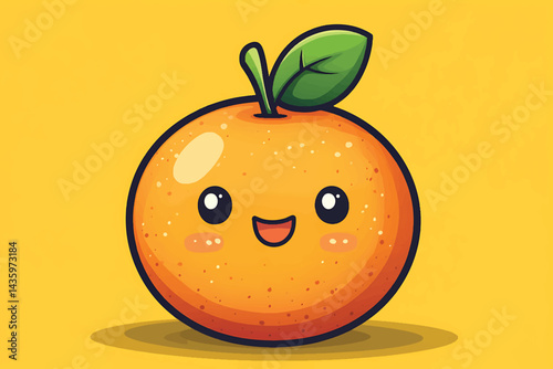 Cheerful Orange Cartoon Character with Smiling Face and Green Leaf on Yellow Background