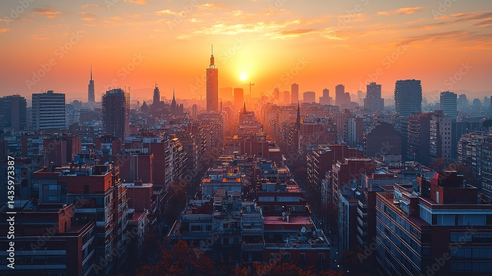 Obraz premium Cityscape Dawn: Striking Silhouette of Urban Buildings against Vibrant Sunrise Sky