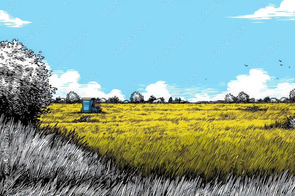 Vibrant Yellow Field with Blue Shed Under Bright Cloudy Sky