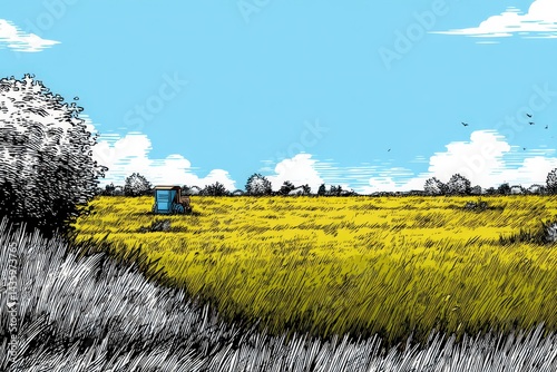 Obraz na płótnie Vibrant Yellow Field with Blue Shed Under Bright Cloudy Sky w salonie
