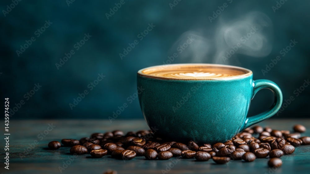 Teal Coffee Cup on Dark Background with Coffee Beans Teal Coffee Cup on Dark Background with Coffee Beans