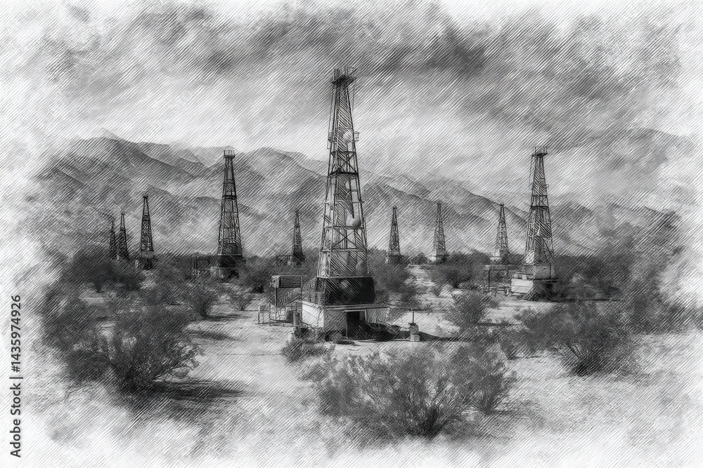 Vintage Black and White Oil Rig Landscape with Mountain Backdrop