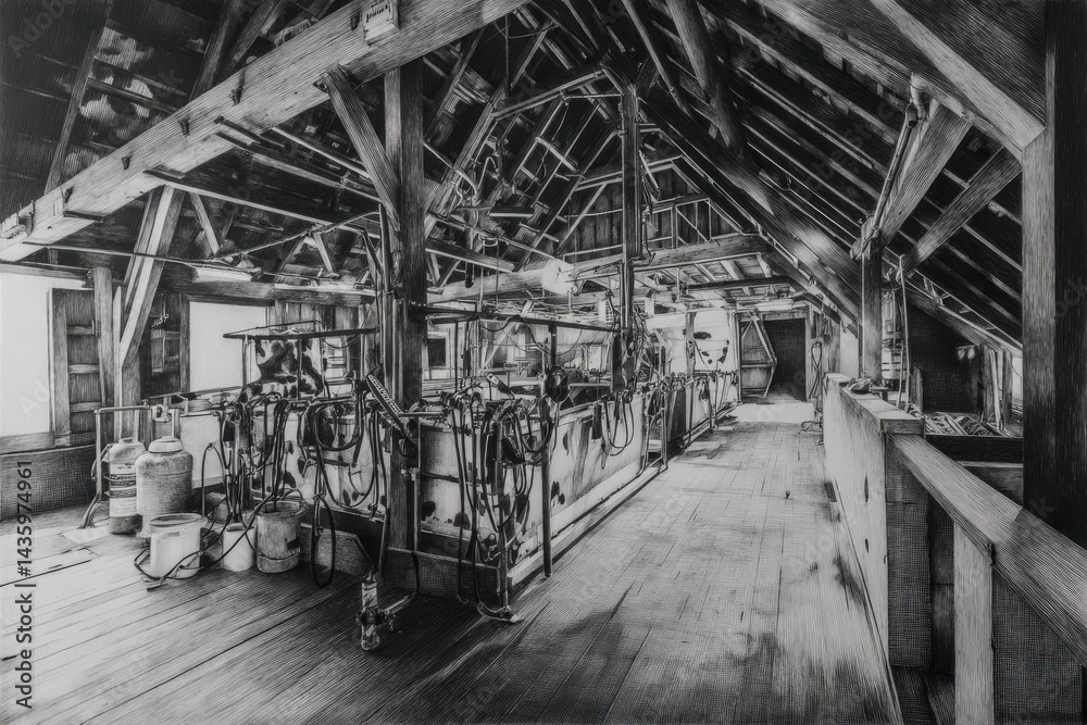 Vintage Barn Interior with Farm Equipment and Rustic Wood Beams