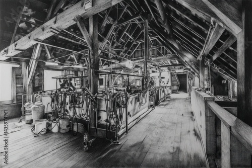 Vintage Barn Interior with Farm Equipment and Rustic Wood Beams