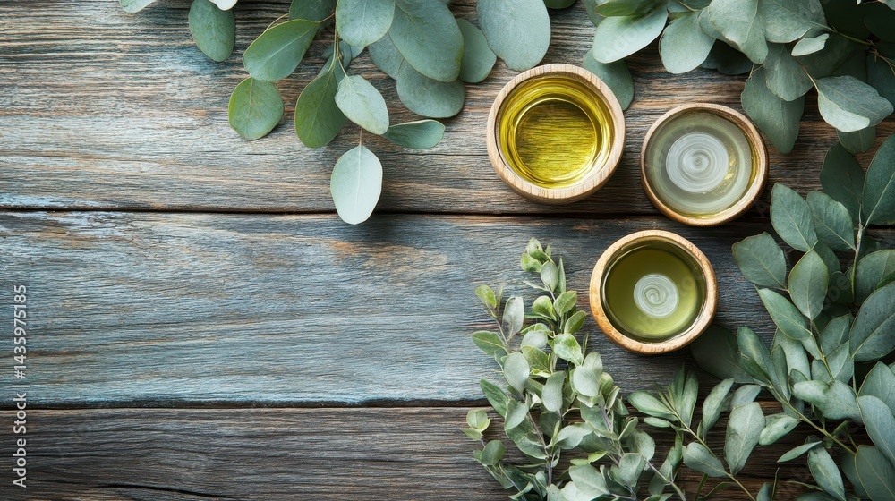Eucalyptus leaves and essential oils sit on a rustic, wooden surface. Perfect for natural healthcare, aromatherapy, or a spa-themed design.