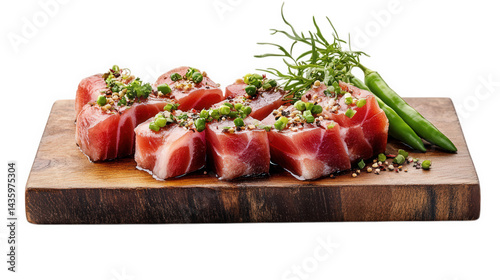 a wooden cutting board featuring neatly sliced pieces of raw fish. garnished with chopped green onions and a few green chili peppers. emphasizing a fresh and appetizing presentation suitable for culin photo