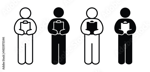 Set of Simple Black and White Person Icons Holding Clipboards Vector Design Illustration