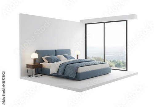 Bedroom interior isolated on white background with bed and nightstand